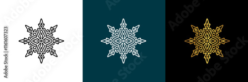Symmetrical circular graphic for logotype, snowflake. Vector circular pattern. Color black, white, gold. Isolated design element for themes abstract geometrical modern decoration round logo template.