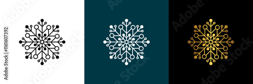 Symmetrical circular graphic for logotype, snowflake. Vector circular pattern. Color black, white, gold. Isolated design element for themes abstract geometrical modern decoration round logo template.