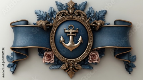 Elegant nautical emblem with anchor, ribbon, and floral accents. photo