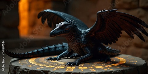 Intricate sculpture of a dragon perched on stone in a dimly lit ancient setting
