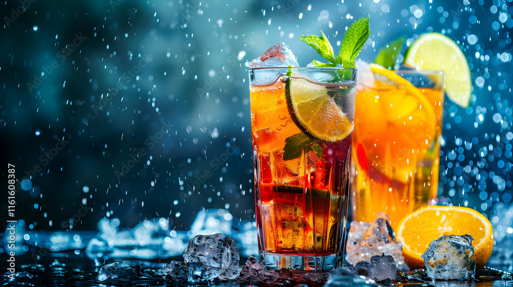 Refreshing Summer Cocktails with Citrus and Mint in Rainy Atmosphere Refreshing Summer Cocktails with Citrus and Mint in Rainy Atmosphere