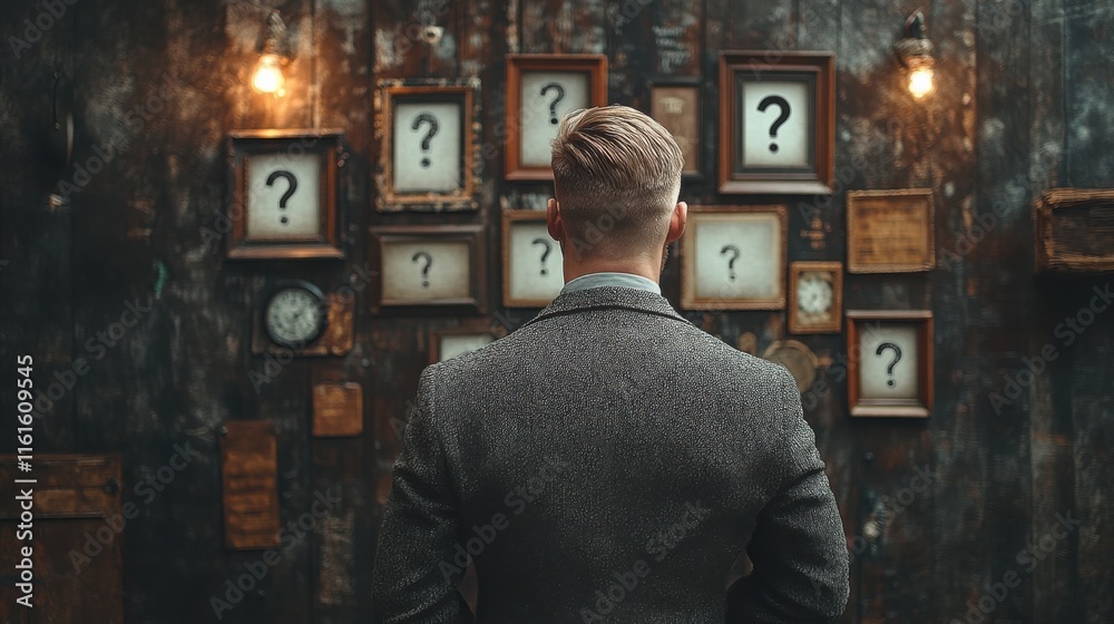 Man Stands Contemplatively in Front of a Wall Displaying Empty Frames with Question Marks, Symbolizing Mystery, Uncertainty, and Searching for Answers in Life and Art Man Stands Contemplatively in Front of a Wall Displaying Empty Frames with Question Marks, Symbolizing Mystery, Uncertainty, and Searching for Answers in Life and Art