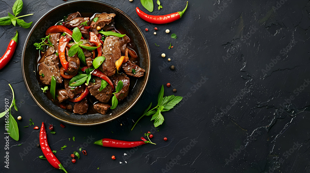 Delicious Beef Stir Fry with Vegetables and Herbs on Dark Table Delicious Beef Stir Fry with Vegetables and Herbs on Dark Table