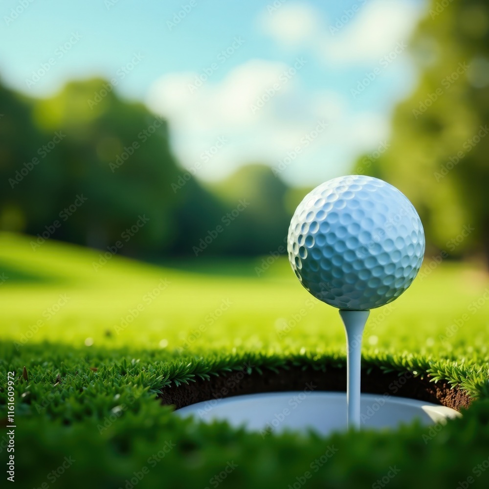 Golf ball precariously perched on hole's edge, putting, cup Golf ball precariously perched on hole's edge, putting, cup