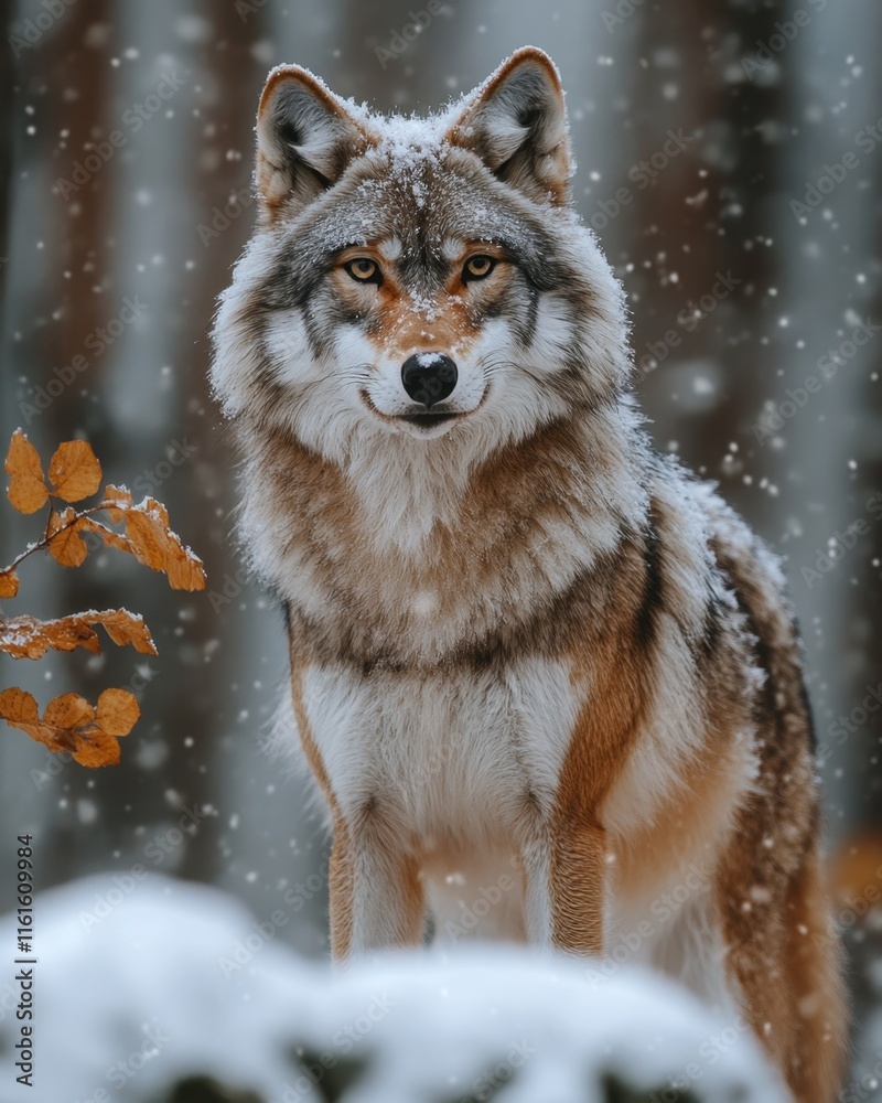Fototapeta premium A majestic, snow-covered wolf standing proudly in a pristine forest