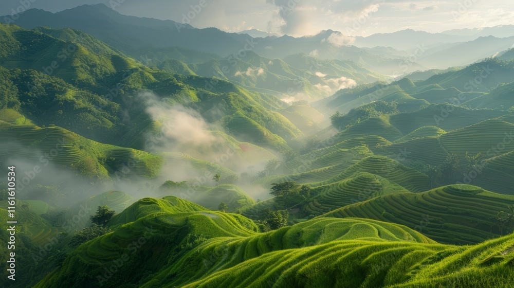 Lush green terraced hills under soft lighting, creating a serene landscape. Lush green terraced hills under soft lighting, creating a serene landscape.