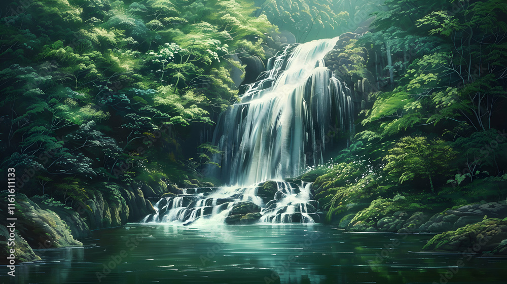 Serene Waterfall Surrounded by Lush Green Forest and Rocks Serene Waterfall Surrounded by Lush Green Forest and Rocks