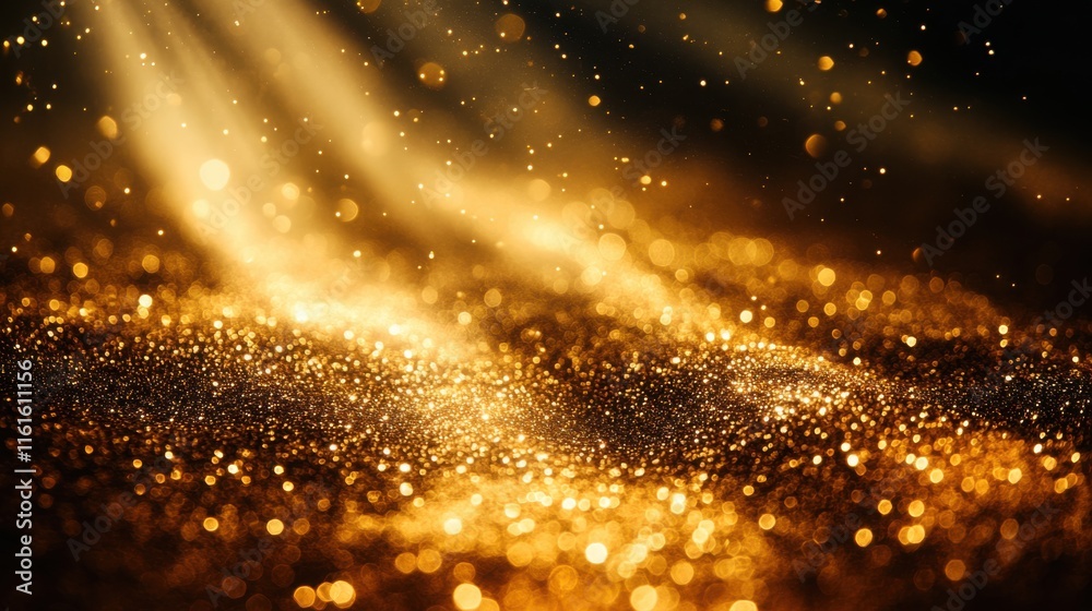 Golden Glittering Particles with Radiant Light Rays Shining Through a Dark Background, Creating a Magical and Enchanting Atmosphere Ideal for Festive Themes