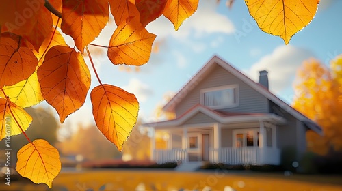 Autumn leaves frame a cozy house in the fall. Sunlight illuminates the vibrant orange and yellow foliage, softly blurring a residential home in the background. photo