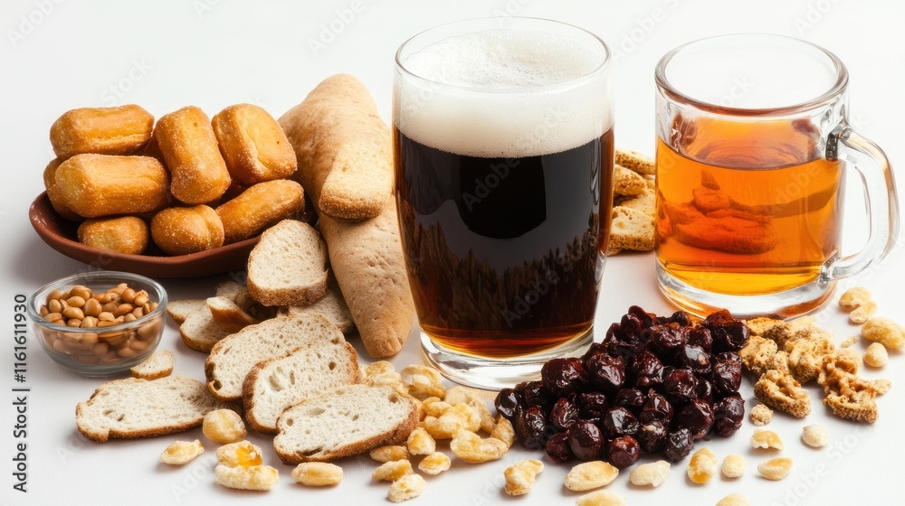 Alcoholic beverage beer with snacks beside on solid white background Alcoholic beverage beer with snacks beside on solid white background