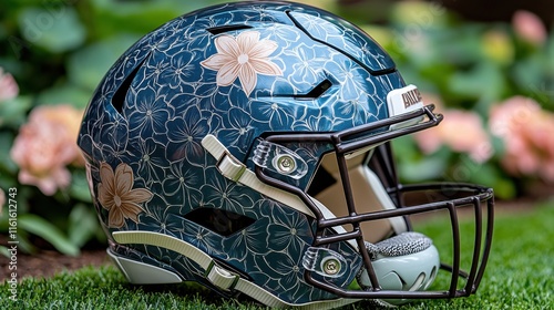 Custom Floral Design Football Helmet on Green Background with Vibrant Flowers and Modern Sports Equipment, Unique Helmet Art for Football Enthusiasts and Collectors photo