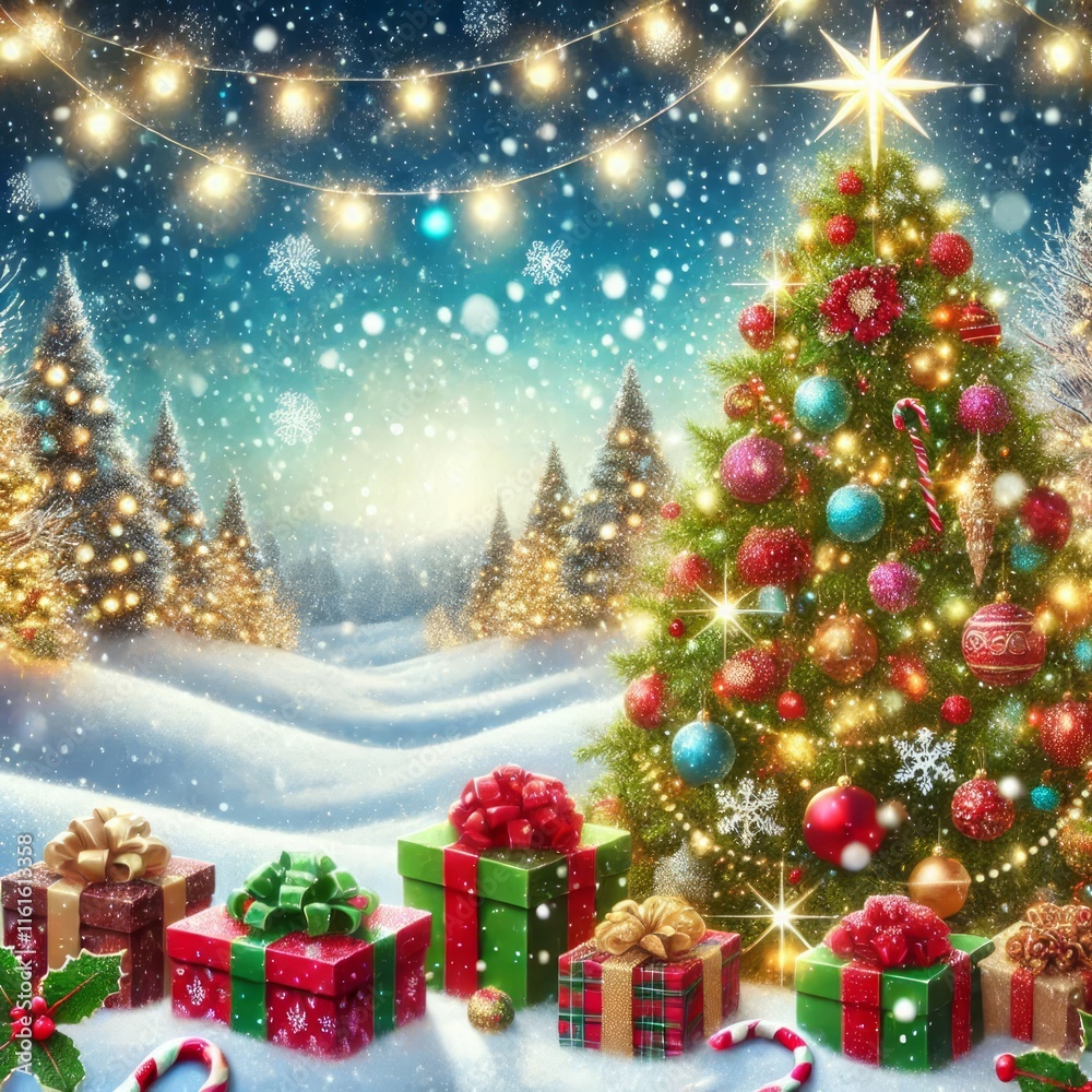 Naklejka premium Twinkling Lights Brighten Holiday Snowfall