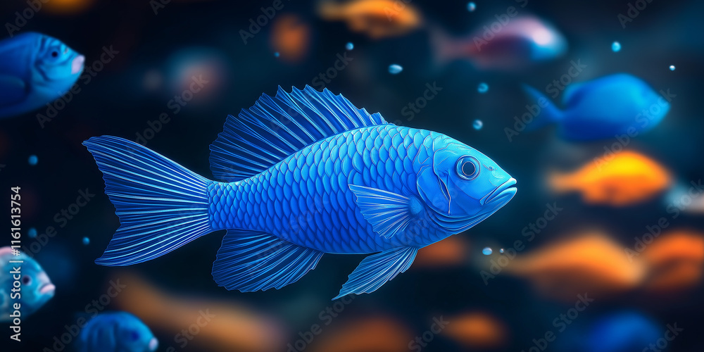 Fototapeta premium Electric blue fish swimming in dark aquarium with other fish
