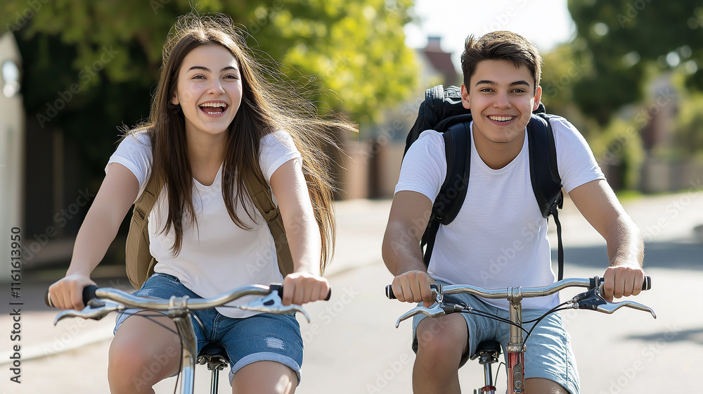 Obraz premium Happy students cycling to school on sunny day