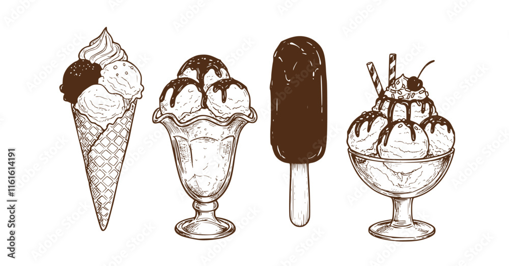 Ice cream vector sketch desserts. Hand drawn wafer cone, gelato, chocolate glazed, sundae, and ice cream served in a glass bowl. Transparent background PNG cutout
