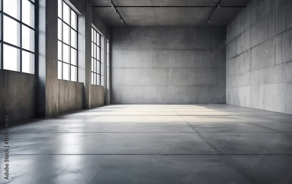 Empty industrial space with large windows and concrete walls Empty industrial space with large windows and concrete walls