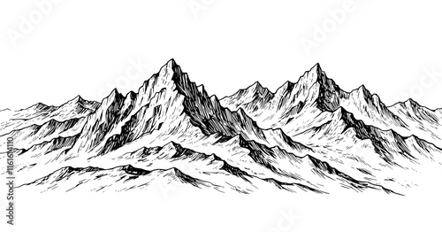 Vector seamless mountain sketch, endless rock ranges panorama illustration. Transparent background PNG cutout