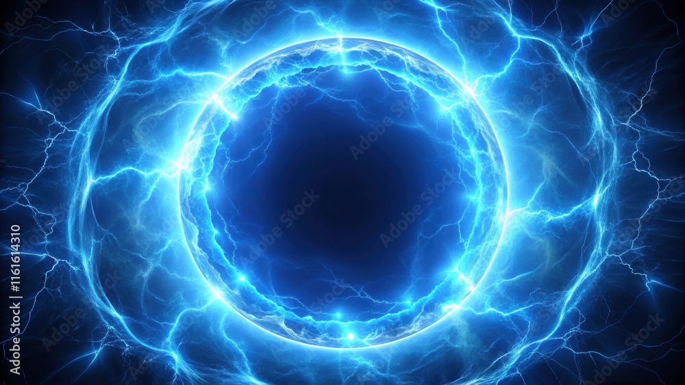 Naklejka premium Blue portal effect with lightning circle effect, render,background, fantasy, magical, digital art, vortex, energy, power