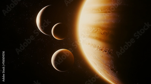 Giant planet illuminating three moons in outer space photo