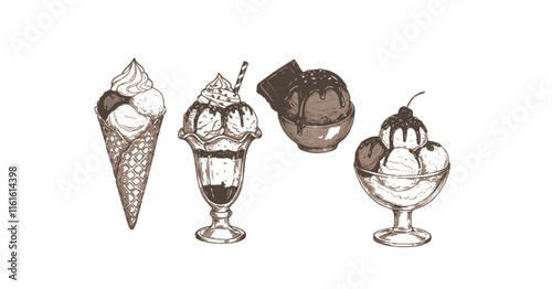 Ice cream vector sketch desserts. Hand drawn wafer cone, gelato, chocolate glazed, sundae, and ice cream served in a glass bowl. Transparent background PNG cutout
