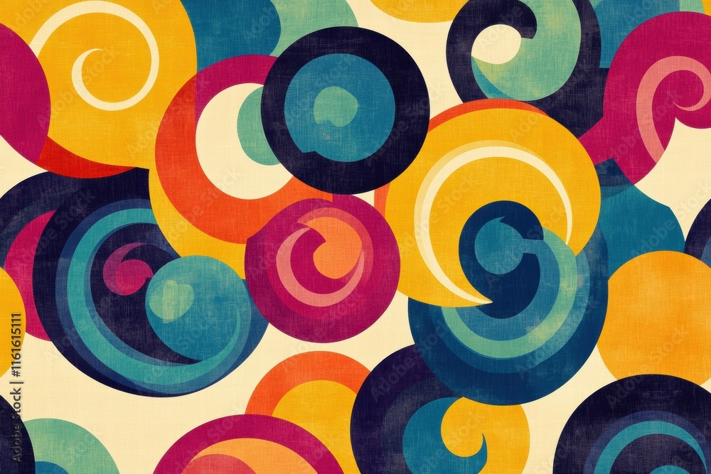 Colorful retro inspired pattern showcasing spirals and curved lines in vibrant 70s color palette. Generative AI Colorful retro inspired pattern showcasing spirals and curved lines in vibrant 70s color palette. Generative AI