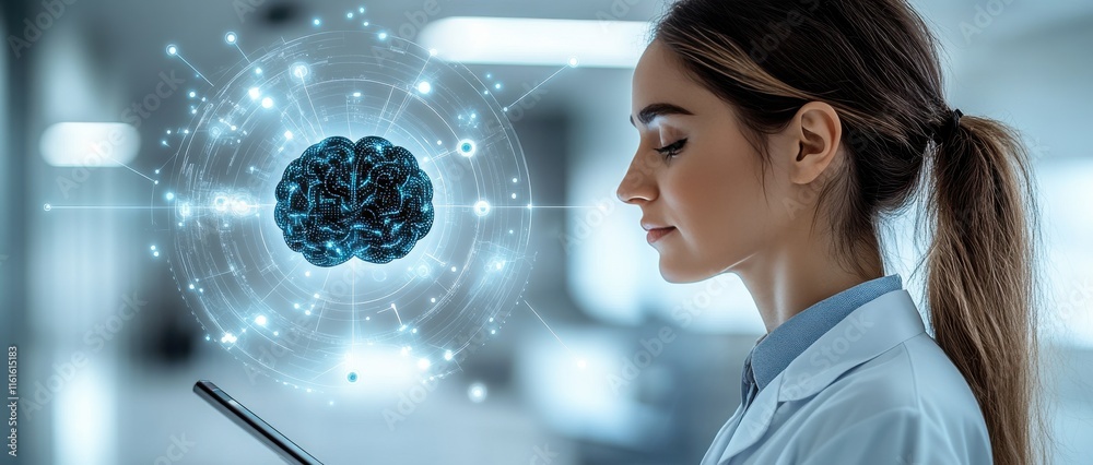 A woman is looking at a tablet with a brain on it A woman is looking at a tablet with a brain on it
