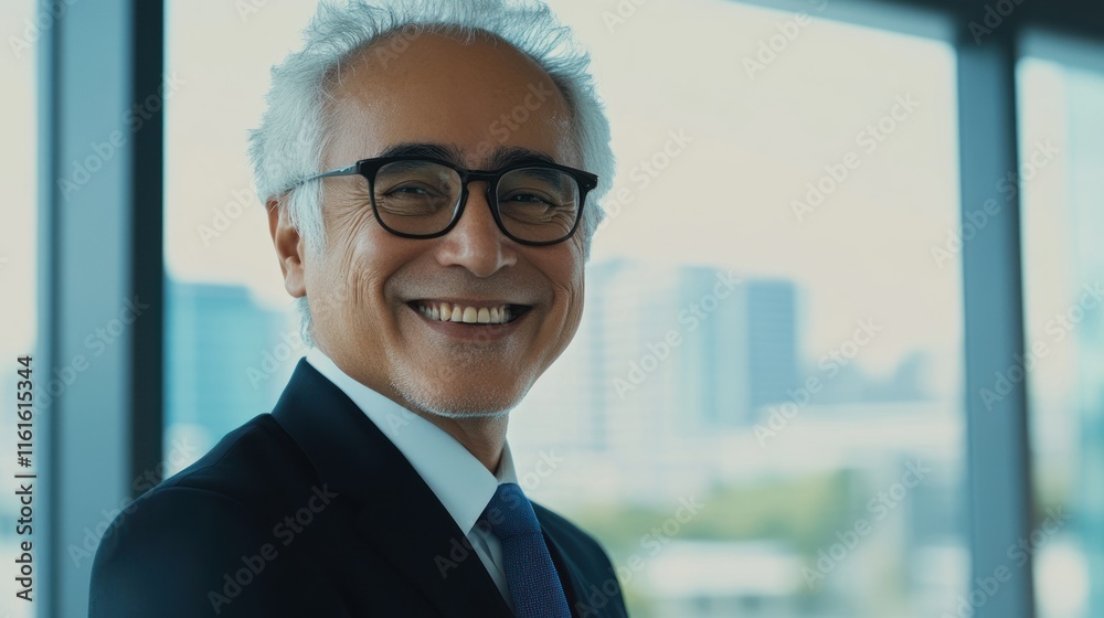 Distinguished businessman with a charismatic smile, set against a sleek, modern office backdrop