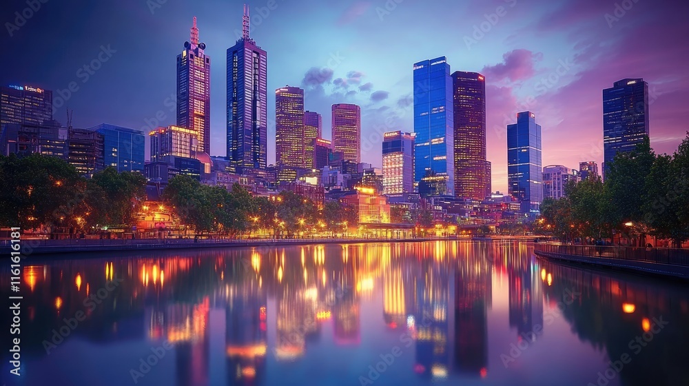 Obraz premium A stunning urban skyline at dusk with shimmering reflections and glowing lights, perfect for collectible prints