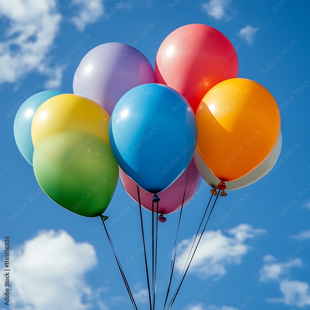 Colorful balloons float against a bright blue sky Colorful balloons float against a bright blue sky