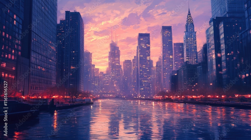 Obraz premium A breathtaking cityscape at dusk with glowing skyscrapers reflected in a serene river, creating a dreamy ambiance