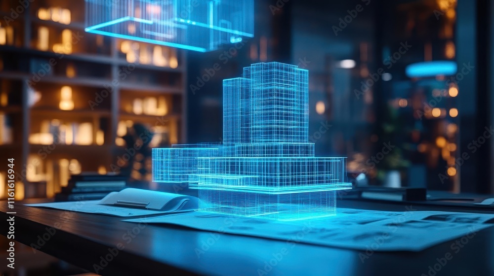 Architectural blueprints on a desk with holographic 3D building models floating above, sleek modern workspace, glowing neon highlights, sharp clean design Architectural blueprints on a desk with holographic 3D building models floating above, sleek modern workspace, glowing neon highlights, sharp clean design
