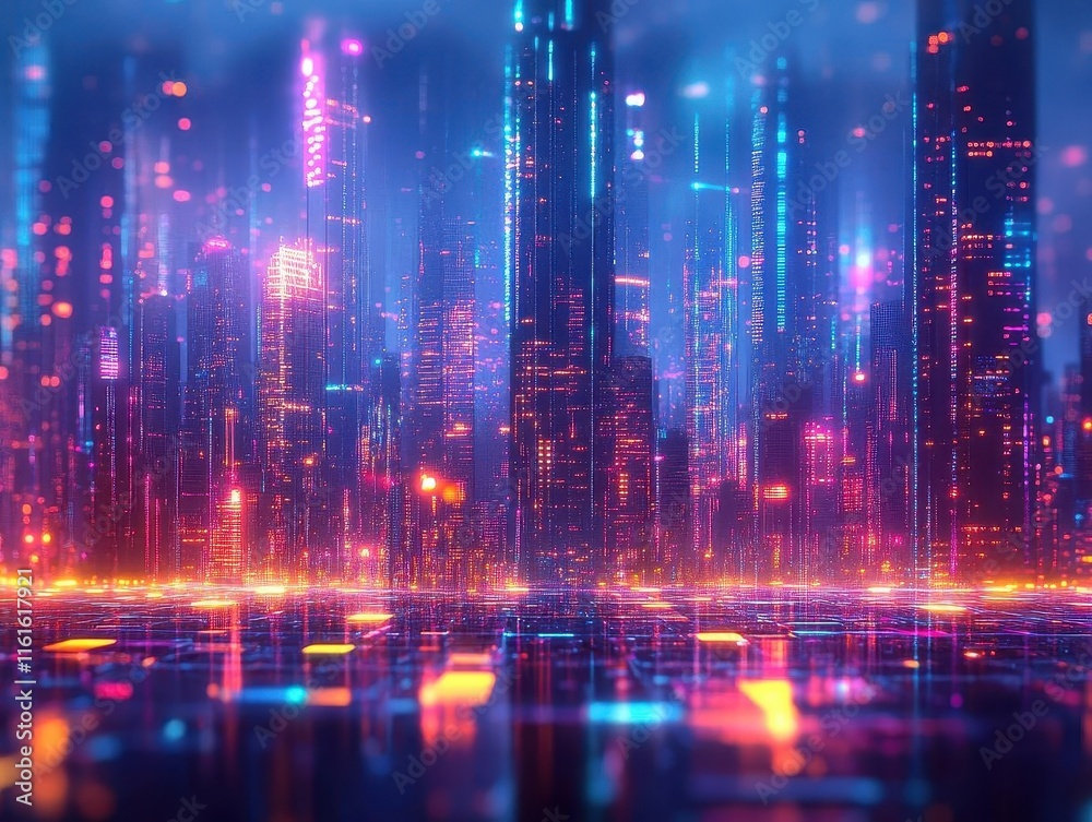 Fototapeta premium Fireworks on the Fourth of July with digital holographic patterns in the sky, glowing neon colors, sleek modern cityscape, vibrant and futuristic