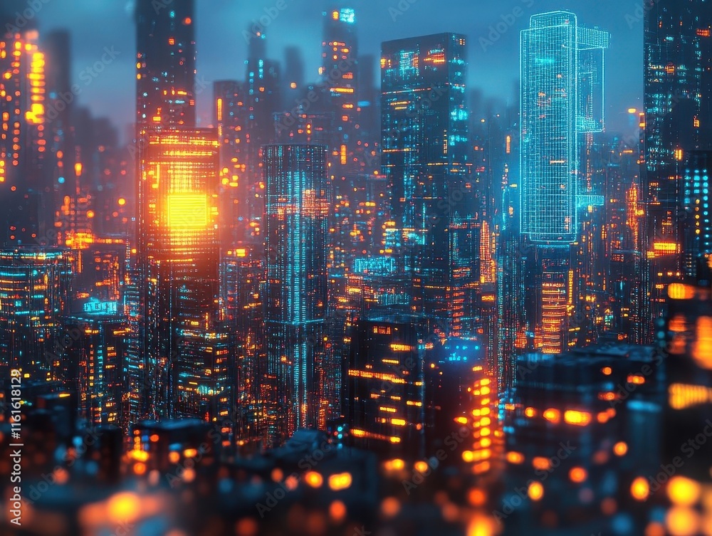 Fototapeta premium Futuristic urban architecture with holographic design data floating above, glowing neon lights, sleek modern cityscape, sharp clean tech-driven design