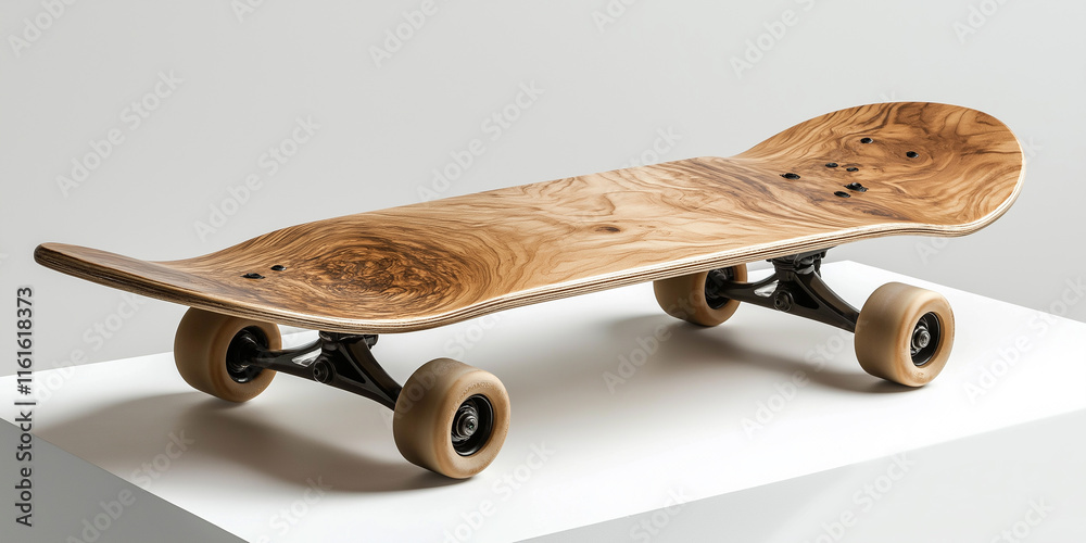 Wooden skateboard resting on white surface in studio shot Wooden skateboard resting on white surface in studio shot