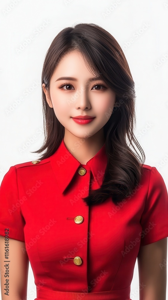 Elegant Asian Stewardess Posing With a Confident Smile on a Bright White Background. Generative AI Elegant Asian Stewardess Posing With a Confident Smile on a Bright White Background. Generative AI