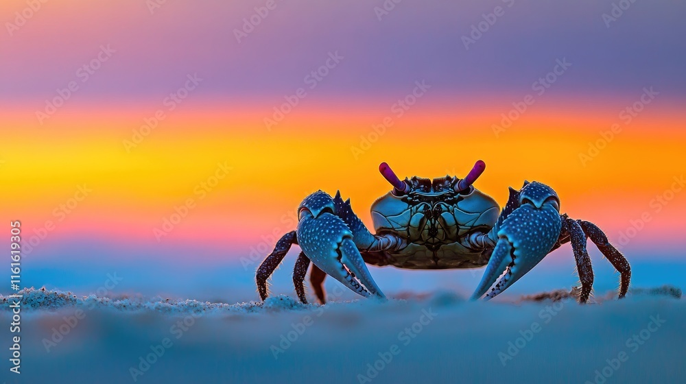 Colorful Crab on Beach at Sunset with Vibrant Sky Background Colorful Crab on Beach at Sunset with Vibrant Sky Background
