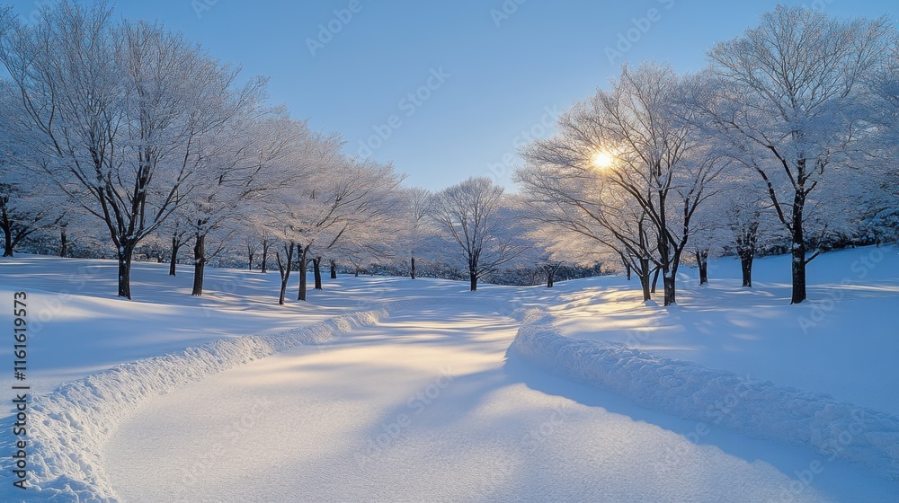 Obraz premium Stunning Winter Landscape with Snow-Covered Trees, Sunlight Peeking Through Branches, and Tranquil Paths in a Serene Park Setting