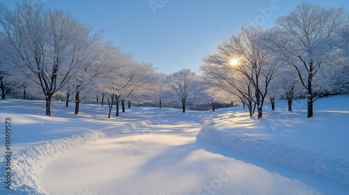 Stunning Winter Landscape with Snow-Covered Trees, Sunlight Peeking Through Branches, and Tranquil Paths in a Serene Park Setting