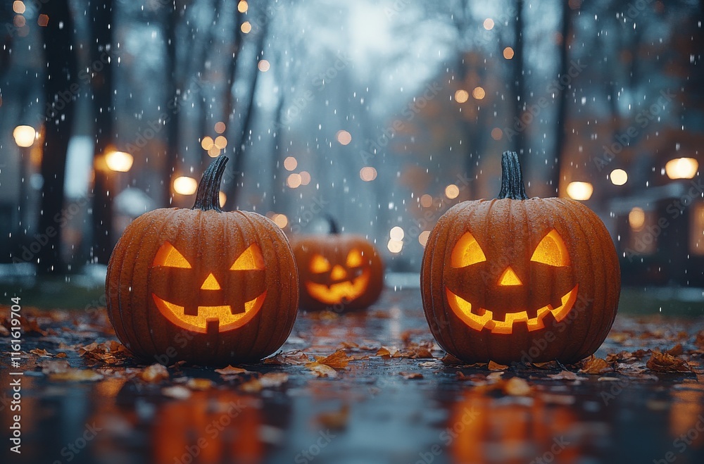 Φωτογραφία Two pumpkins with glowing eyes and mouths are sitting on the ground