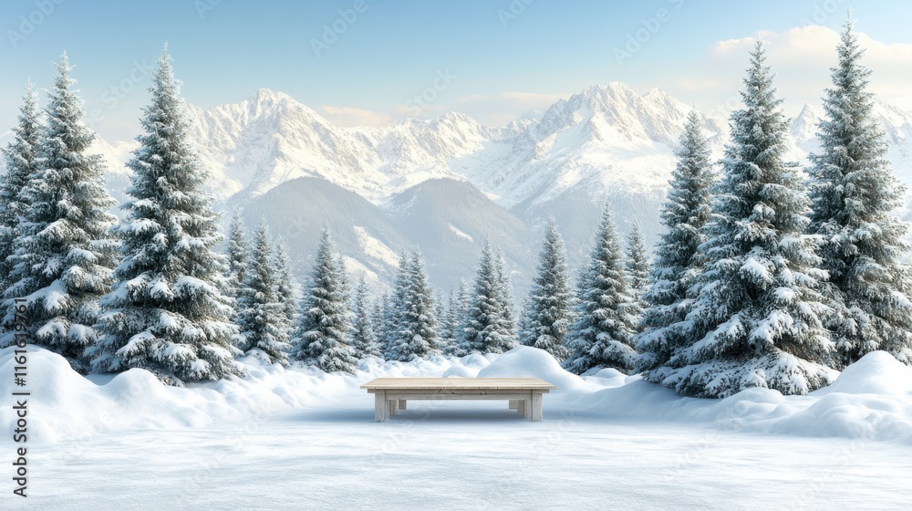 Snowy Winter Landscape with Evergreen Trees and a Wooden Bench Surrounded by Majestic Mountains and Clear Blue Sky, Perfect for Winter Themes and Nature Serenity Snowy Winter Landscape with Evergreen Trees and a Wooden Bench Surrounded by Majestic Mountains and Clear Blue Sky, Perfect for Winter Themes and Nature Serenity