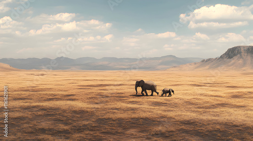 un fondo de un hermoso paisaje de un desierto con un elefante y su cria elefantes salvajes africanos en el safari en la vida salvaje animal photo