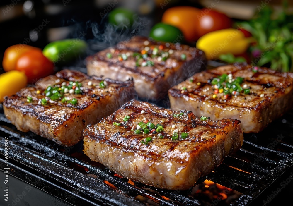 A plate of meat and vegetables is being cooked on a grill A plate of meat and vegetables is being cooked on a grill