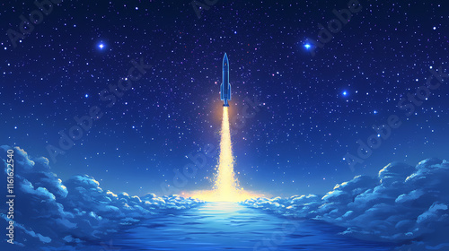 Fototapeta Naklejka Na Ścianę i Meble -  Rocket design in starlight vector art featuring a rocket ascending moonbeams in space travel. Moonbeam. Illustration
