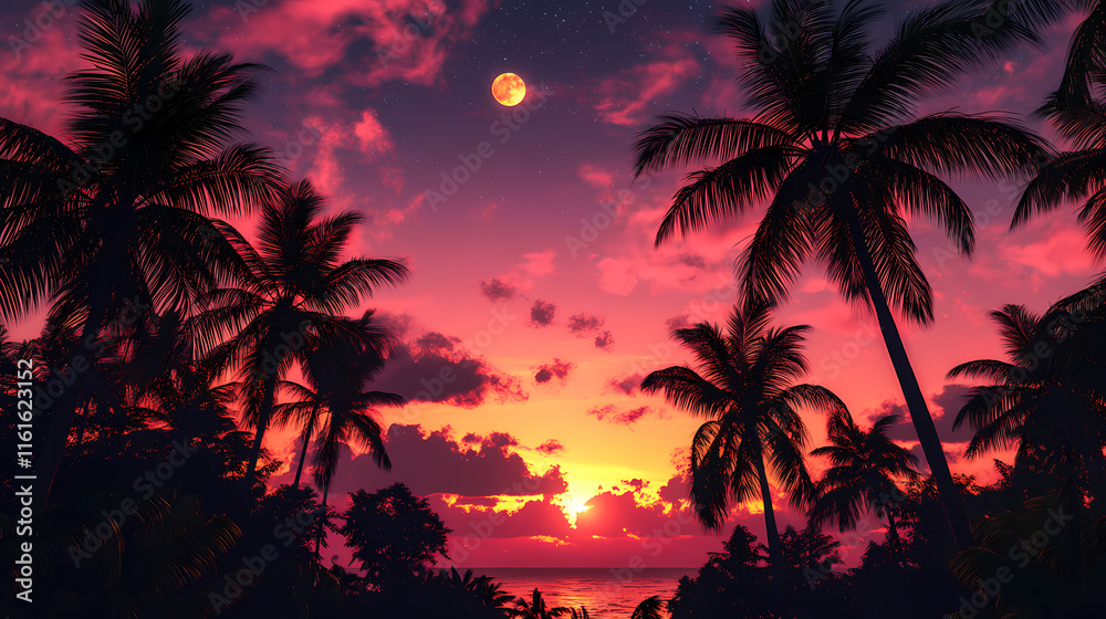 Obraz premium Stunning red pink sunset to starry night timelapse, tropical cloudscape, milky way, full moon rays. Moonbeam. Illustration