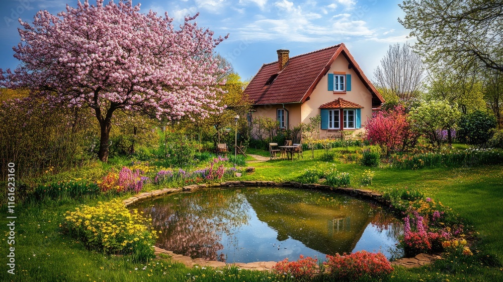 Charming Spring Landscape with Blooming Trees and Serene Pond