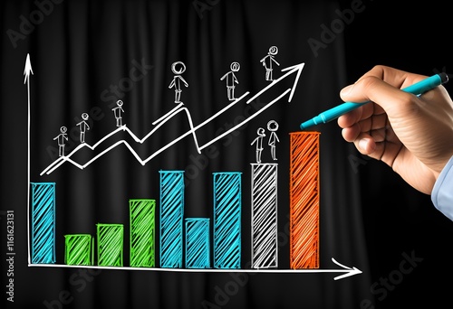 Creative Performance Graph Drawing with Blue Stylus Pen, Vibrant Bar Chart on Contrasting Surface, Human Figures Journey Silhouettes, Upward Arrow Symbolizing Progress and Productivity Metrics