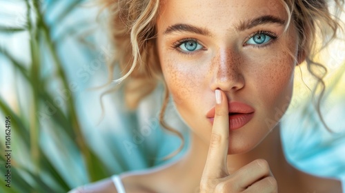 photograph of Pretty woman makes shush, asks not be loud, has secret expression, presses index finger over lips, telephoto lens summer daylight cool color