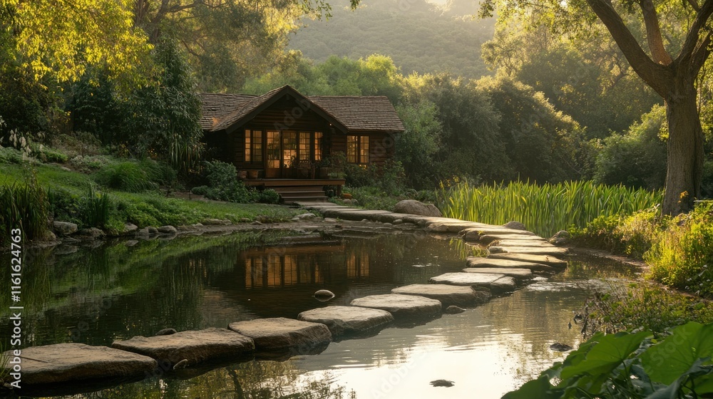 Cozy Cabin by Serene Pond Surrounded by Lush Greenery in Nature Cozy Cabin by Serene Pond Surrounded by Lush Greenery in Nature