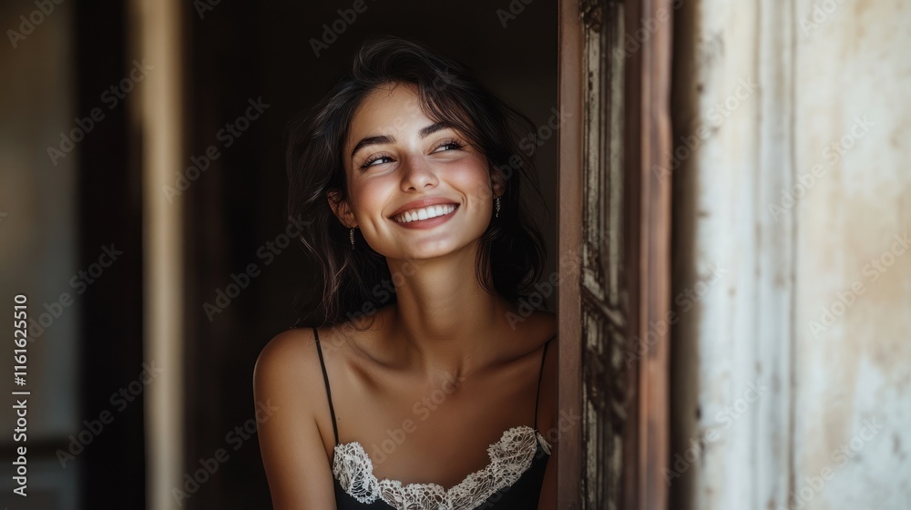 Fototapeta premium Stylish brunette woman smiling in a doorway, showcasing elegance and confidence in a classic setting