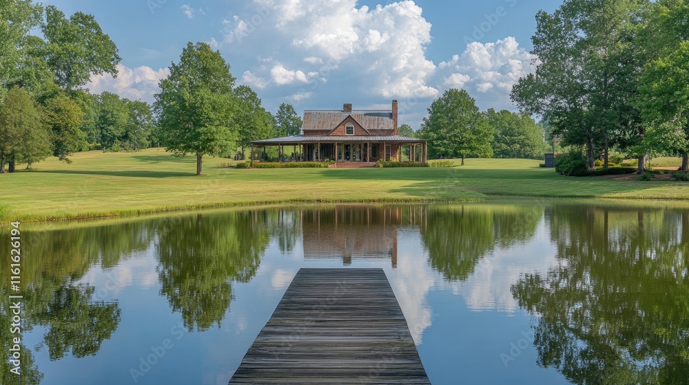 Fototapeta premium Serene Country House Near Tranquil Pond Surrounded by Lush Trees